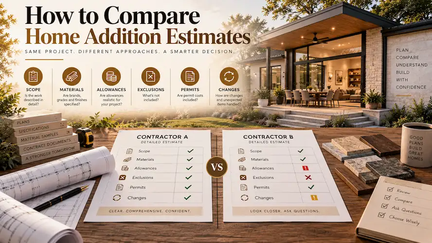 Comparing custom home addition estimates by scope materials and exclusions