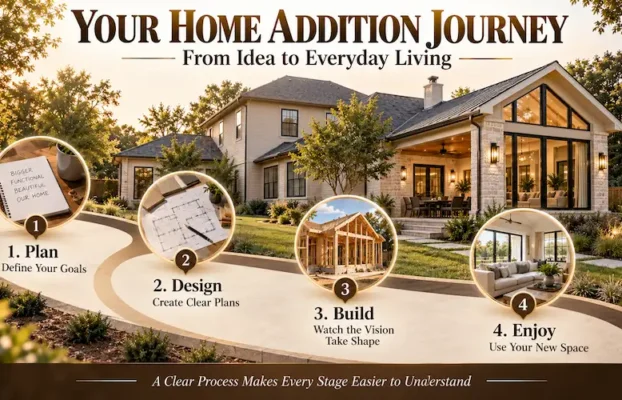 Home addition journey showing planning design construction and completed house