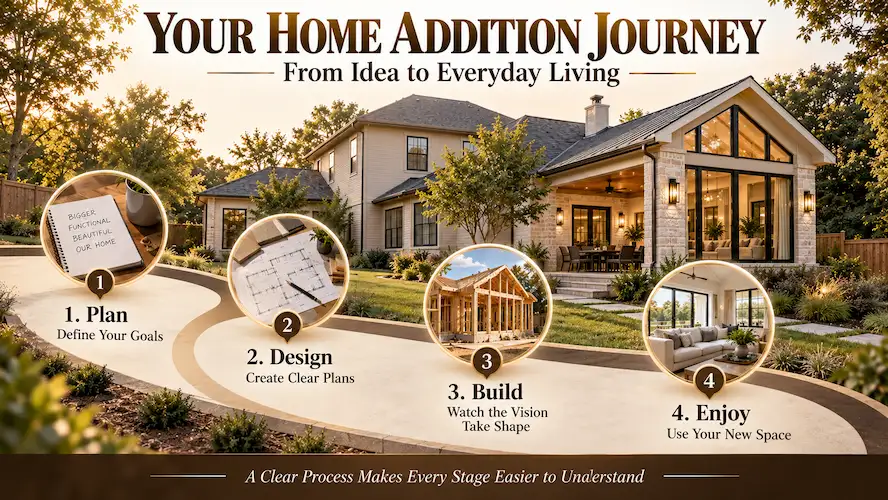 Home addition journey showing planning design construction and completed house