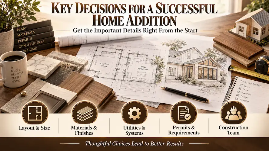 Key home addition decision involving layout materials utilities permits and construction