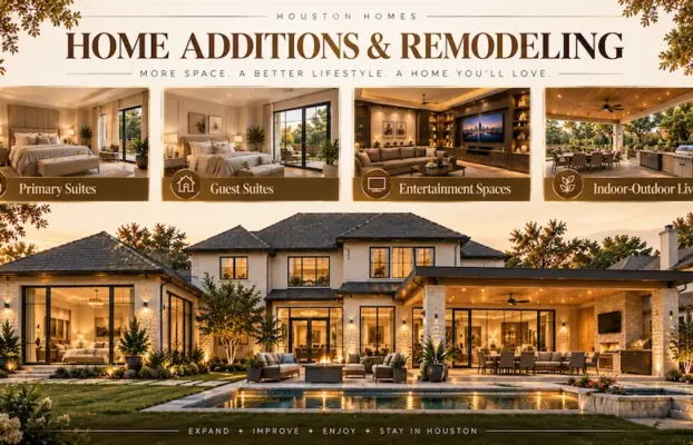 Houston home additions and remodeling with primary suites, guest suites, entertainment spaces, and indoor-outdoor living