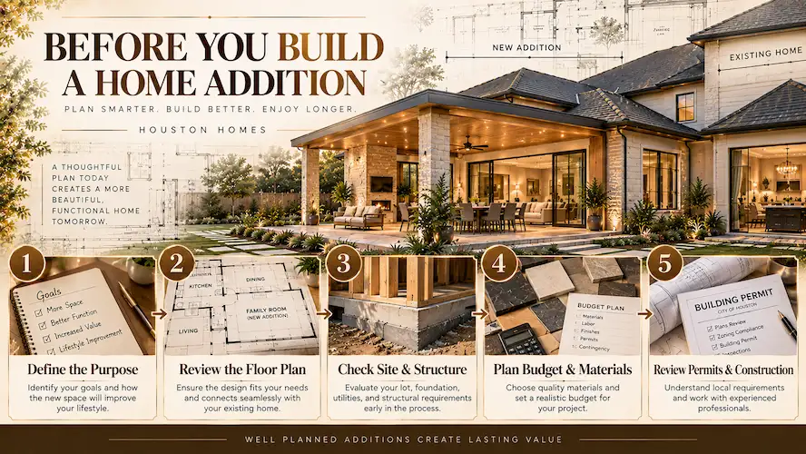 Home addition planning guide showing floor plan, site review, budget, materials, permits, and construction considerations