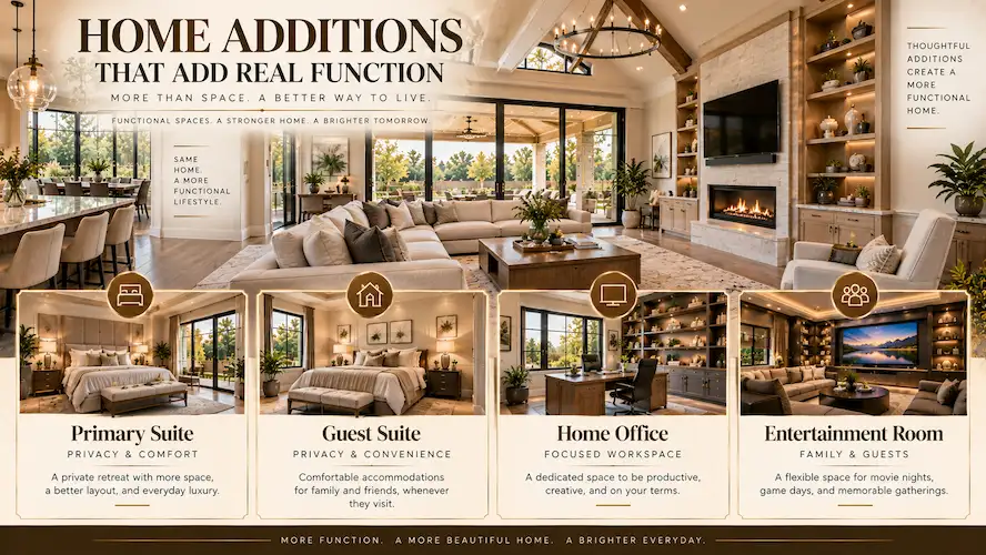 Functional home addition ideas including primary suite, guest suite, home office, and entertainment room