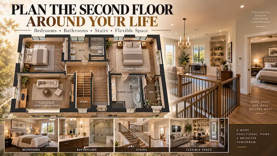 Second floor home addition layout showing bedrooms bathroom stairs and flexible living space