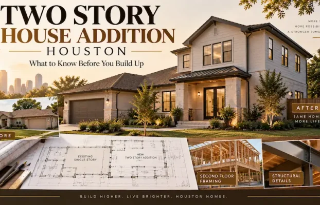 Two story house addition Houston planning guide showing a home with a new second level