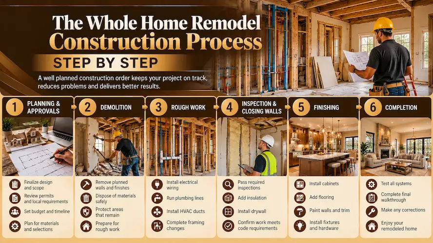 Whole home remodel construction process showing planning, demolition, rough work, inspections, finishing and completion