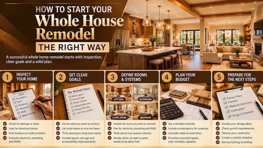 Whole house remodel planning checklist covering home inspection, goals, rooms, budget and preparation
