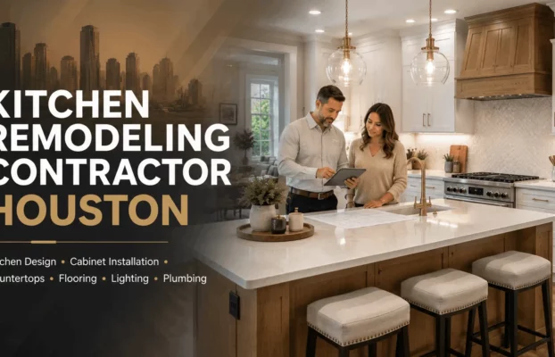 Houston kitchen remodeling contractor reviewing renovation plans in a modern luxury kitchen